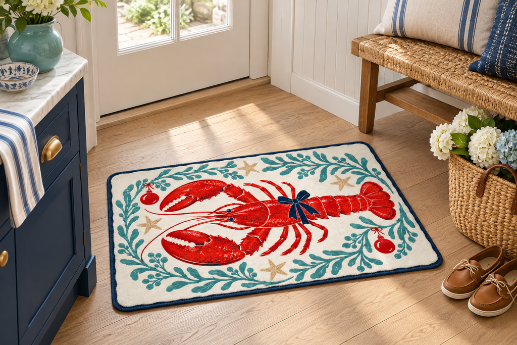 Coastal Lobster Christmas Printed Floor Mat, lifestyle view 3: One mat in a tidy indoor mudroom beside a small bench, photographed slightly above with realistic 16 by 24 inch scale.