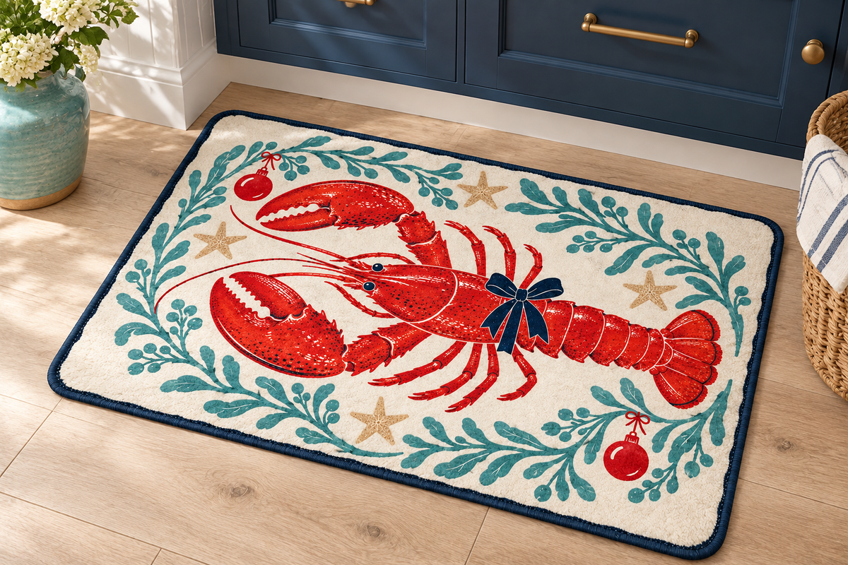 Coastal Lobster Christmas Printed Floor Mat, lifestyle view 4: Close overhead-oblique view of one mat on a clean pale-wood floor near a cabinet, all four corners in frame, soft side light reveals short flannel nap.