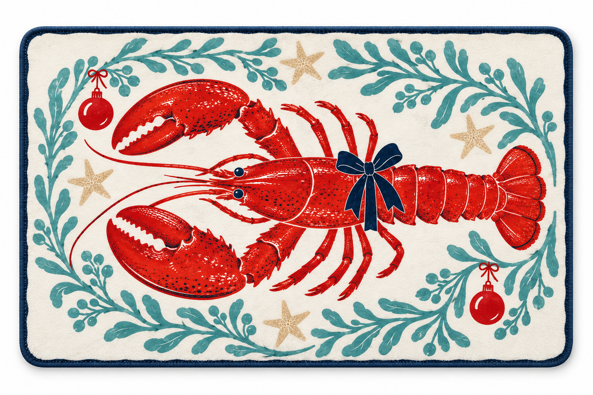 Coastal Lobster Christmas Printed Floor Mat on a white background, showing the complete printed design.
