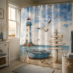 A nautical themed shower curtain featuring a rustic wooden signboard and seagulls on a beach, styled in a sunlit bathroom next to a white vanity.