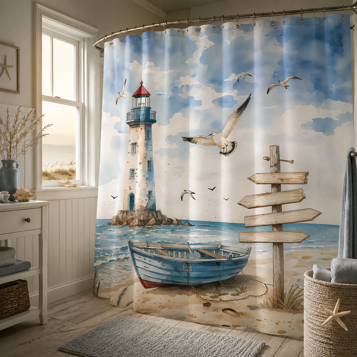 A nautical themed shower curtain featuring a rustic wooden signboard and seagulls on a beach, styled in a sunlit bathroom next to a white vanity.