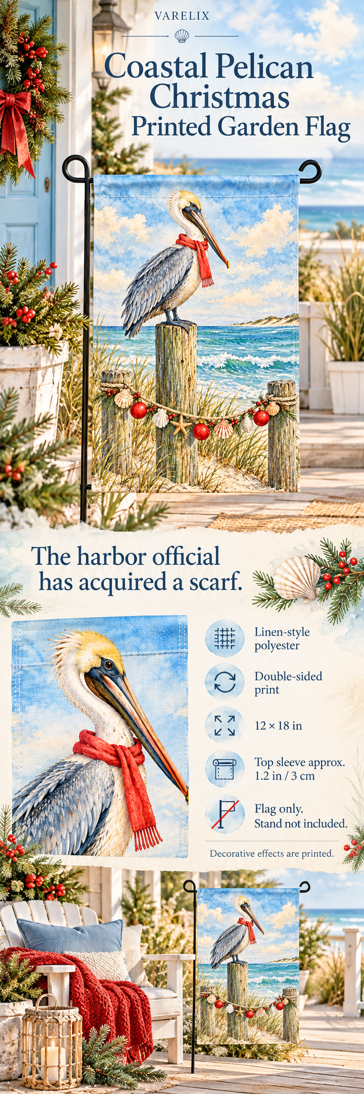 Coastal Pelican Christmas Printed Garden Flag by VARELIX, A+ detail poster with verified material, sizes and included items.