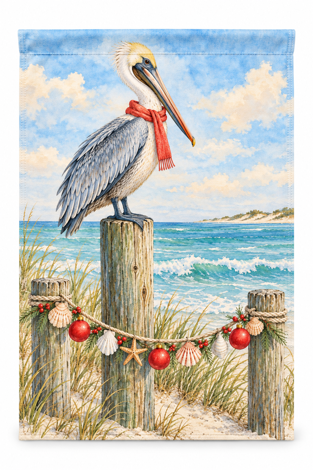 Coastal Pelican Christmas Printed Garden Flag on a white background, showing the complete printed design.