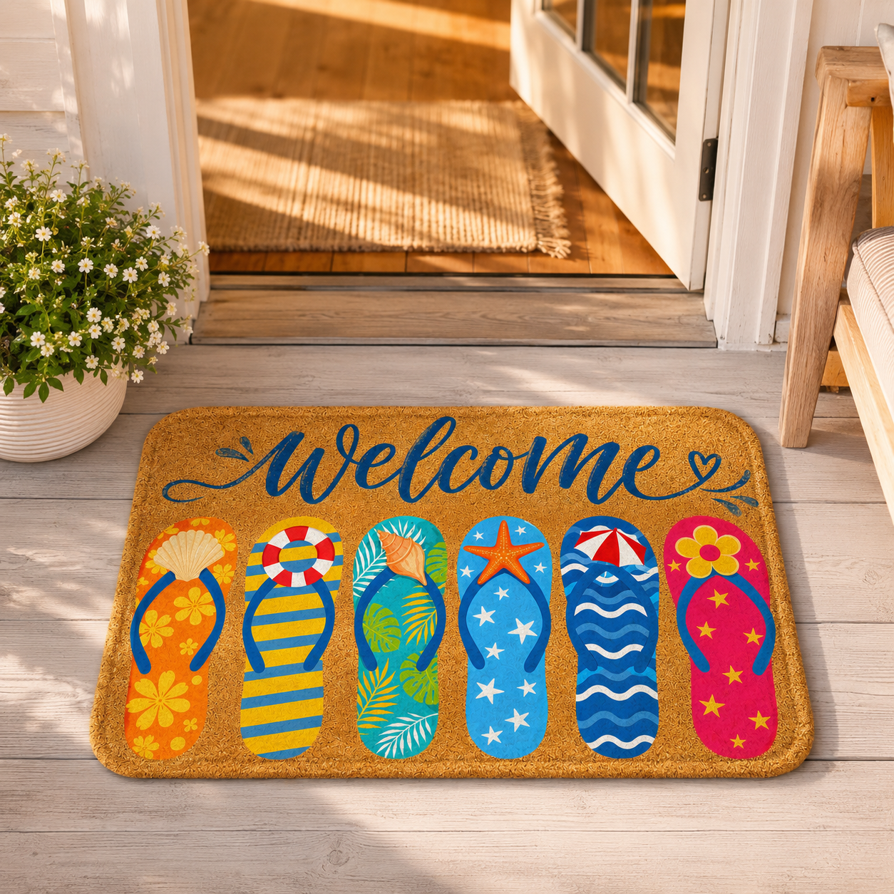 A coastal style flip-flop welcome mat placed on a sunny wooden porch floor at the open entryway of a house.