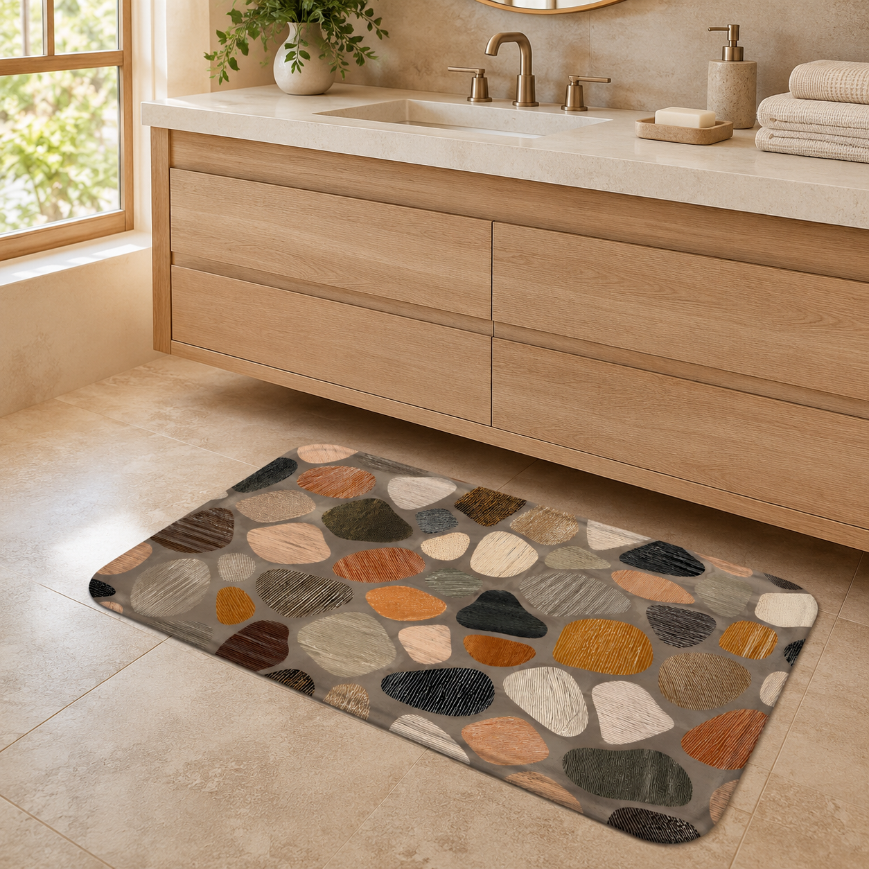 Textured stone pattern bath mat in front of a light wood bathroom vanity cabinet.