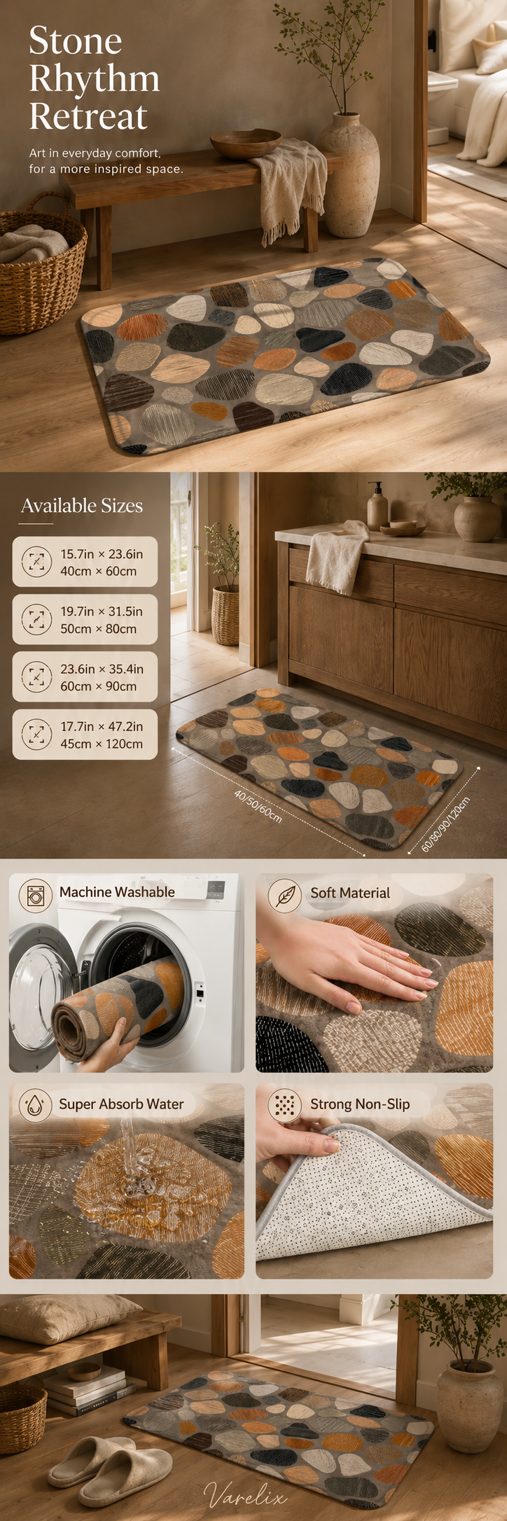 Product infographic for the cobblestone doormat showing available sizes and key features like machine washable.