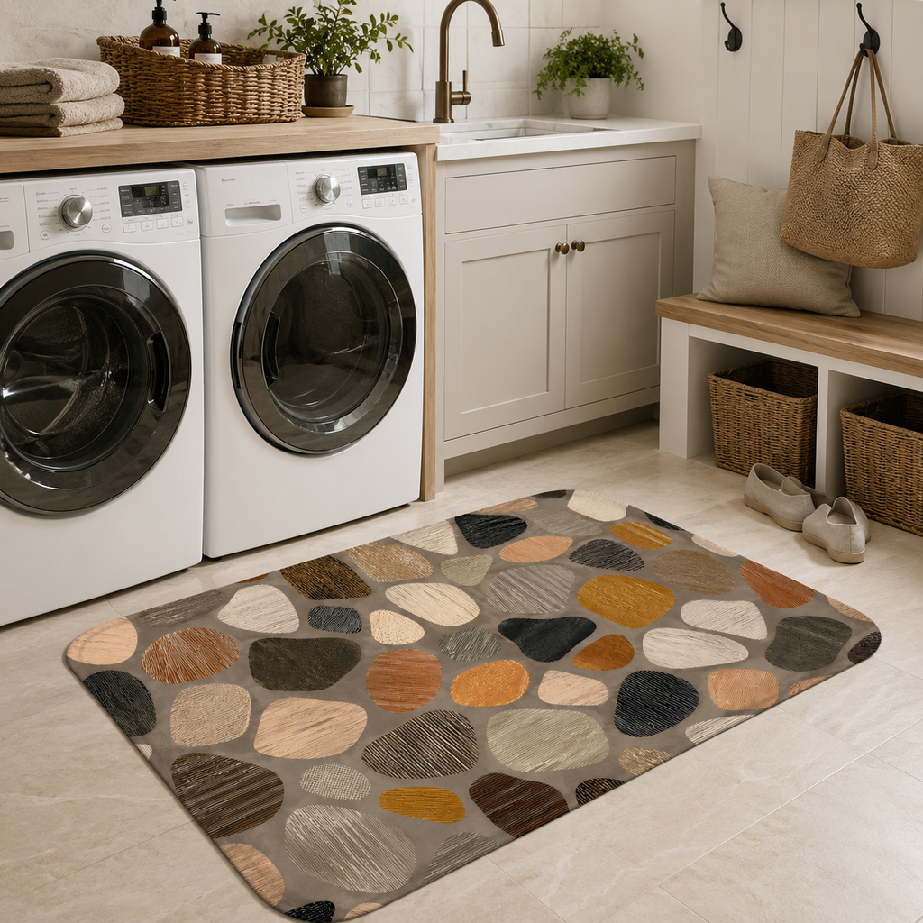 Earth tone cobblestone doormat on the floor of a modern laundry room next to washing machines.