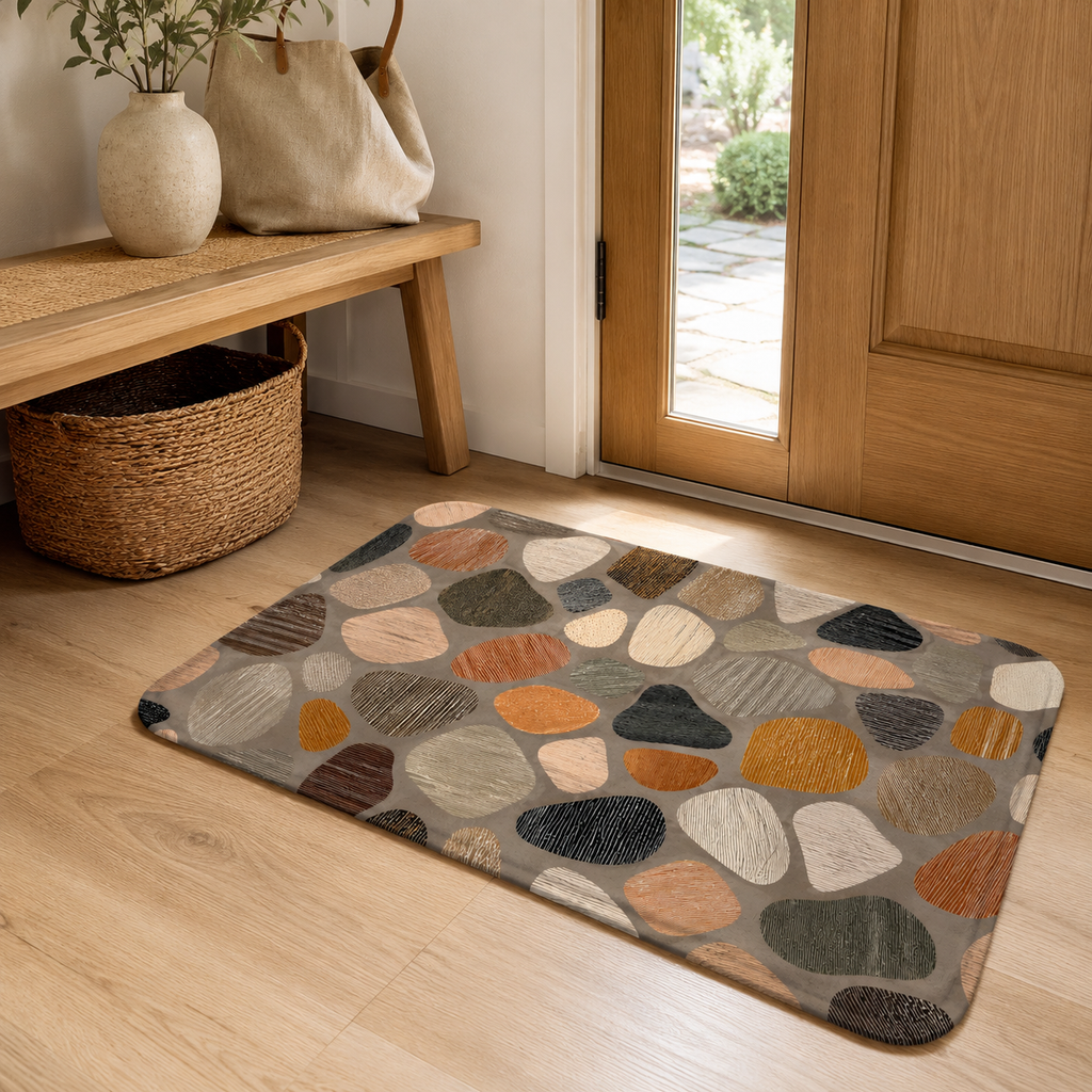 Cobblestone pattern entryway doormat placed on a light wooden floor near a front door.