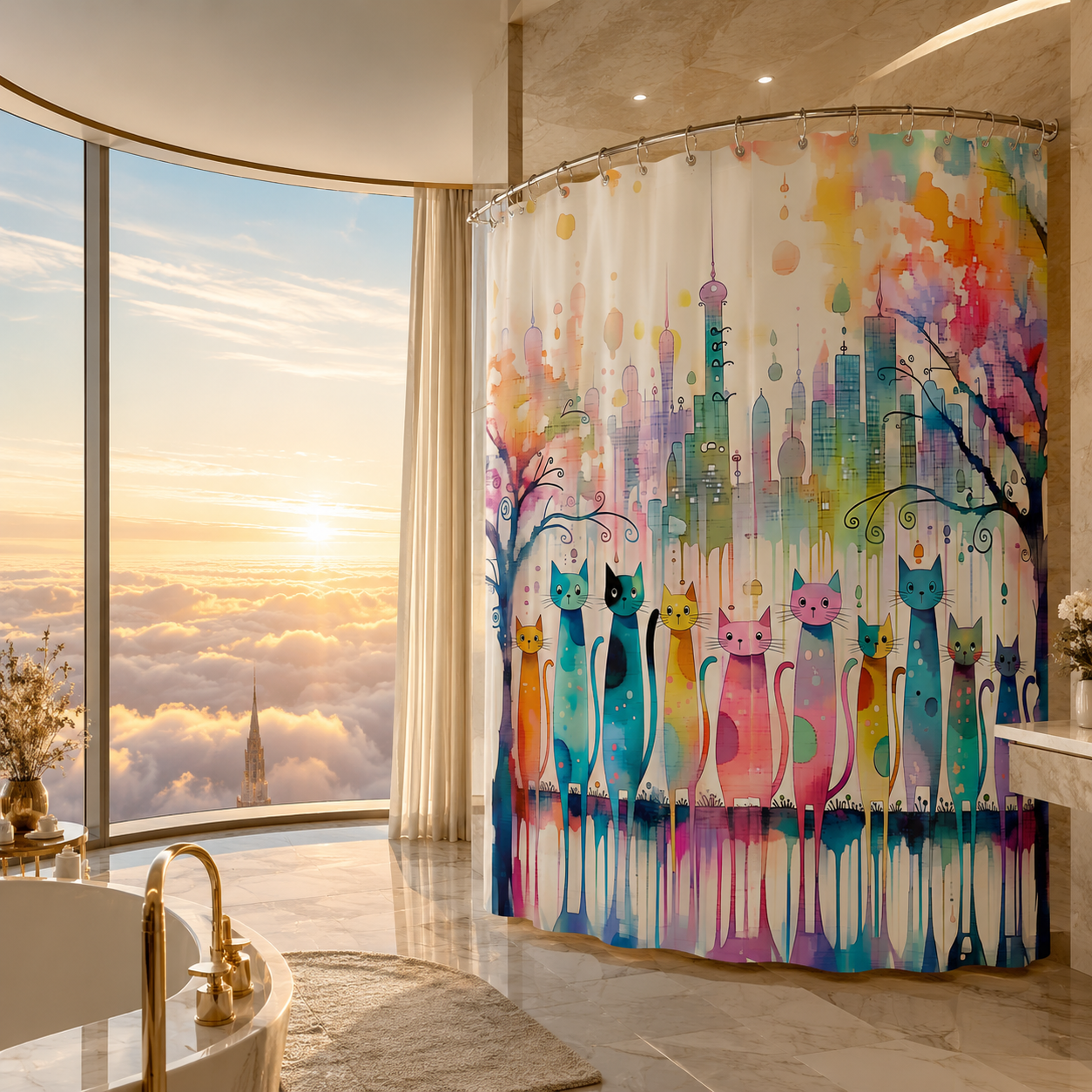 Modern bathroom decor featuring a whimsical cat city shower curtain next to a window with a dramatic golden sunset cloud view.