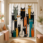 Colorful cat shower curtain styled in a warm bathroom setting.