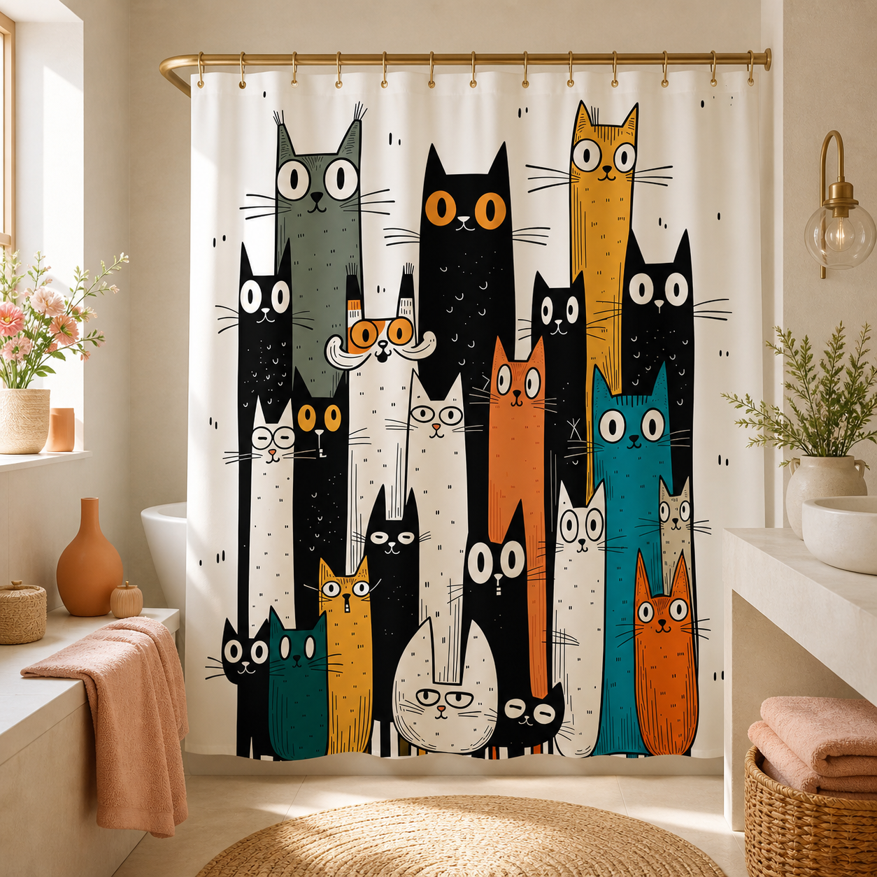 Colorful cat shower curtain styled in a warm bathroom setting.