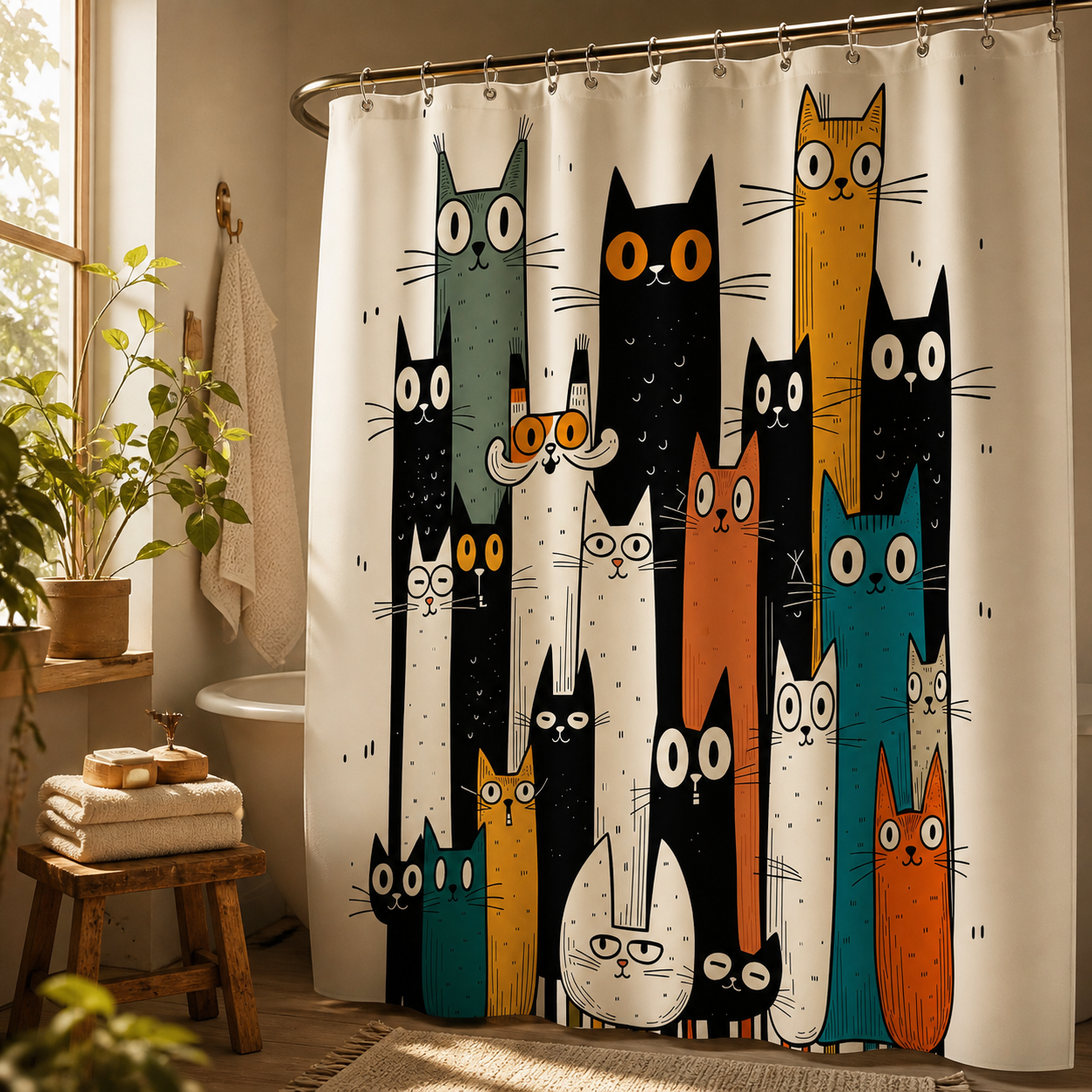 Colorful cat shower curtain shown close up in a cozy bathroom.