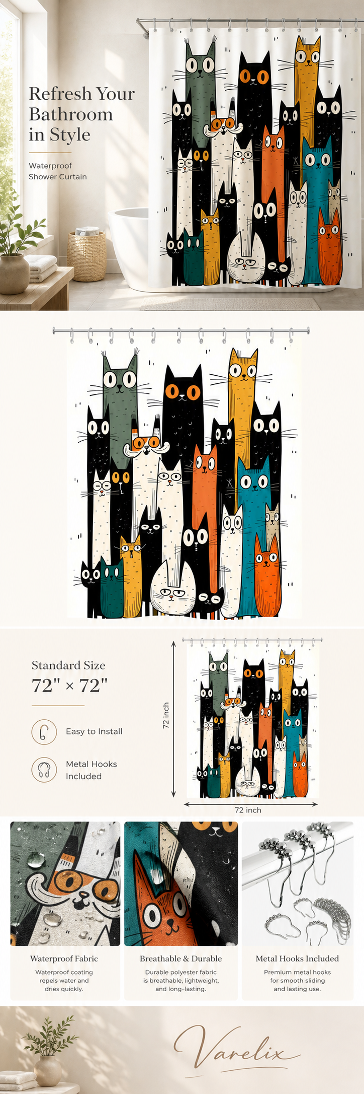 Colorful cat shower curtain with size, hook, and fabric details.