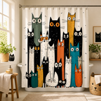 Colorful cat shower curtain adding playful charm to a bright bathroom.