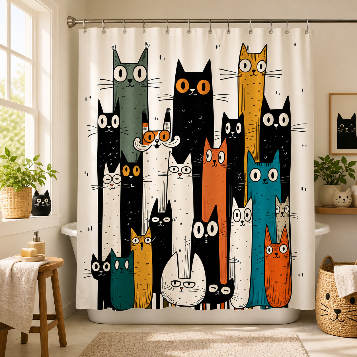 Colorful cat shower curtain adding playful charm to a bright bathroom.