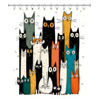 Colorful cat shower curtain with playful illustrated cats on white background.