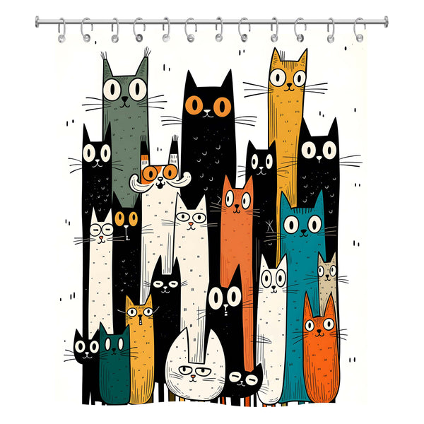 Colorful cat shower curtain with playful illustrated cats on white background.