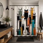 Colorful cat shower curtain styled in a modern bathroom with black accents.