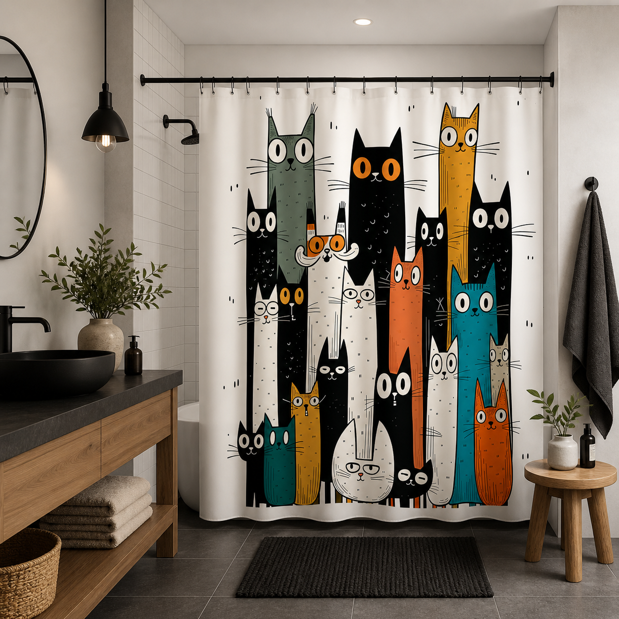 Colorful cat shower curtain styled in a modern bathroom with black accents.