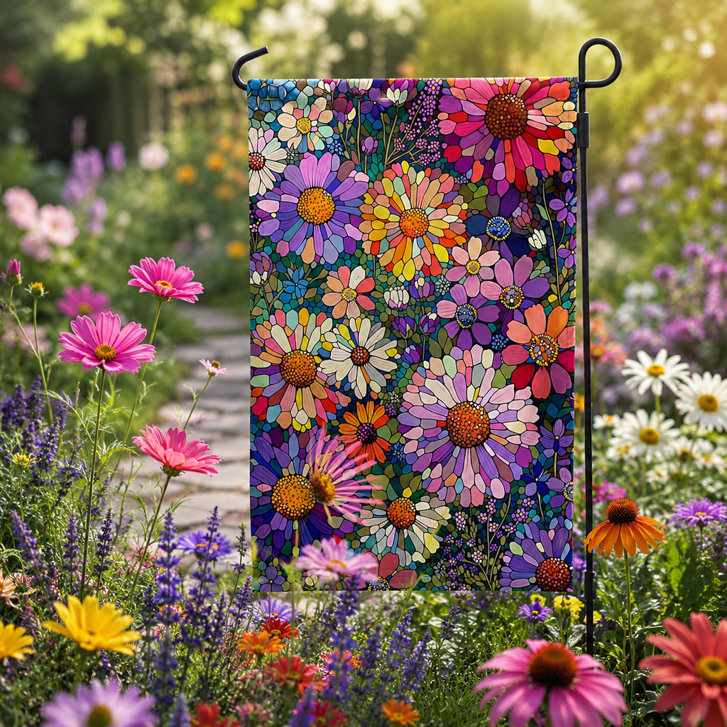 Colorful daisy garden flag displayed in a blooming garden, surrounded by pink, purple, yellow, and white flowers.