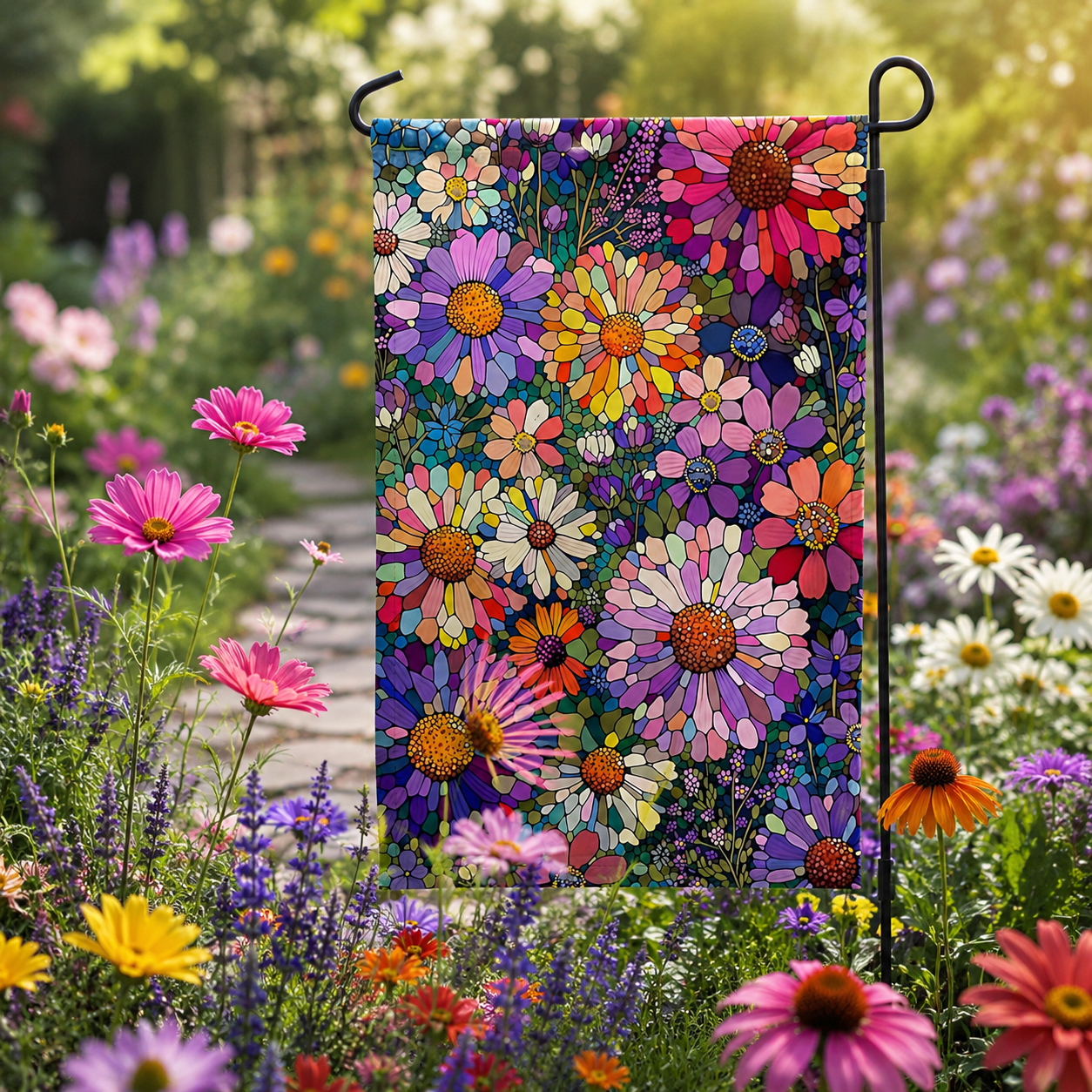 Colorful daisy garden flag displayed in a blooming garden, surrounded by pink, purple, yellow, and white flowers.