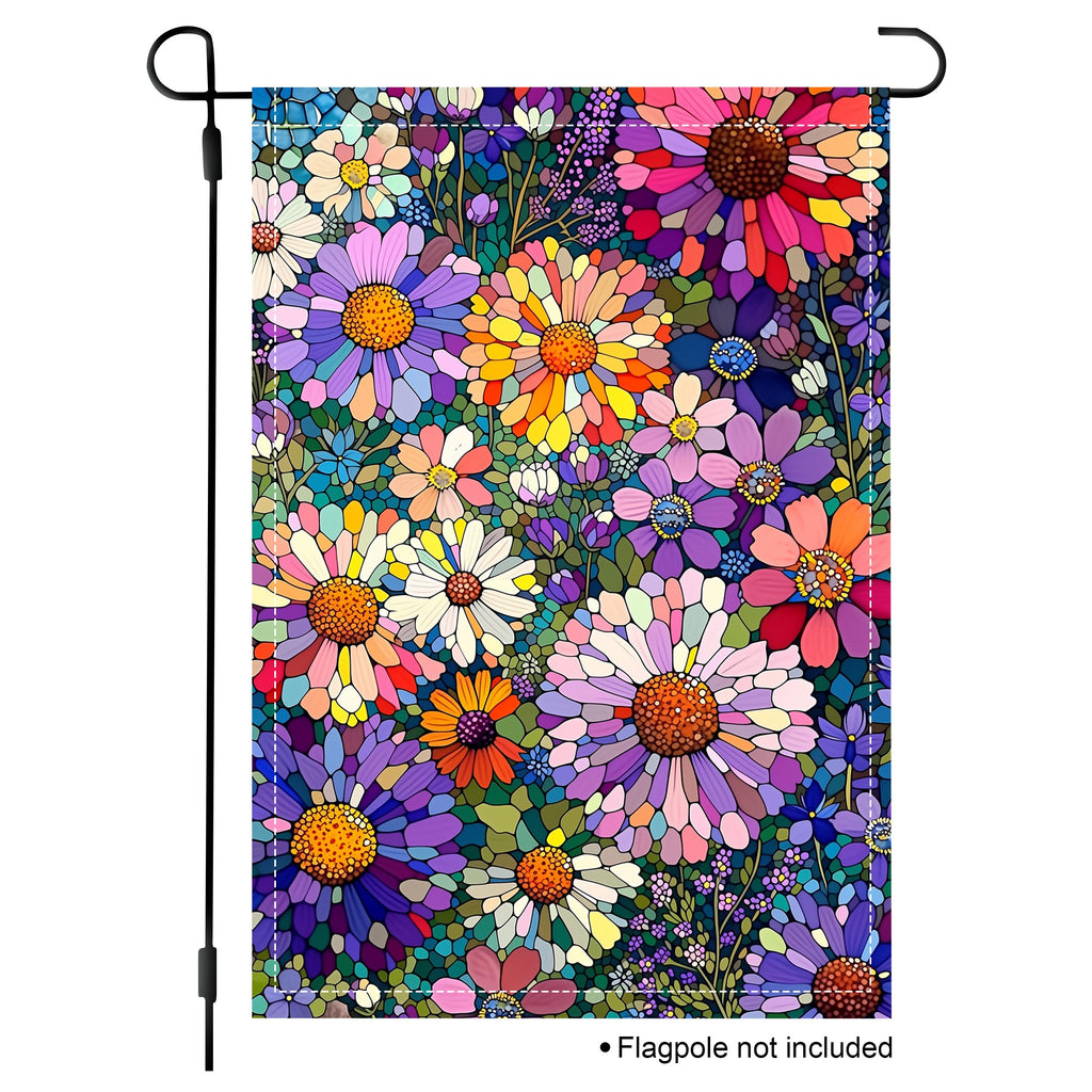 Colorful floral garden flag with stained glass-style daisies, purple blooms, pink petals, and rich green leaves.