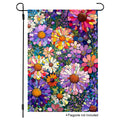 Colorful floral garden flag with stained glass-style daisies, purple blooms, pink petals, and rich green leaves.