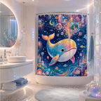 A vibrant colorful space whale shower curtain in a modern minimalist bathroom, featuring soft ambient lighting, a floating white vanity, glass brick walls, and a round bath mat.