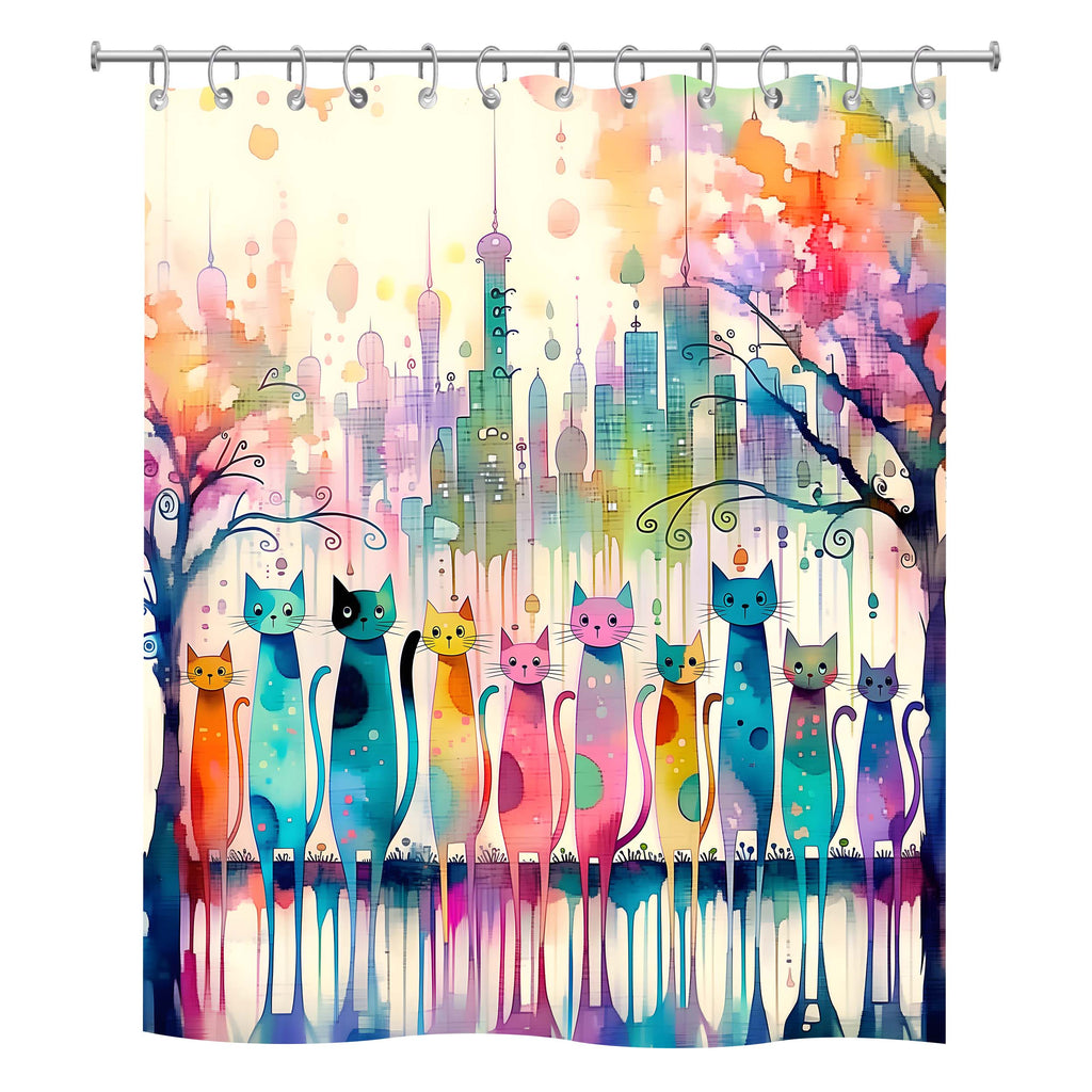 Vibrant watercolor shower curtain featuring a row of whimsical, colorful cats with an artistic city skyline background.