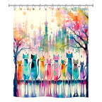 Vibrant watercolor shower curtain featuring a row of whimsical, colorful cats with an artistic city skyline background.