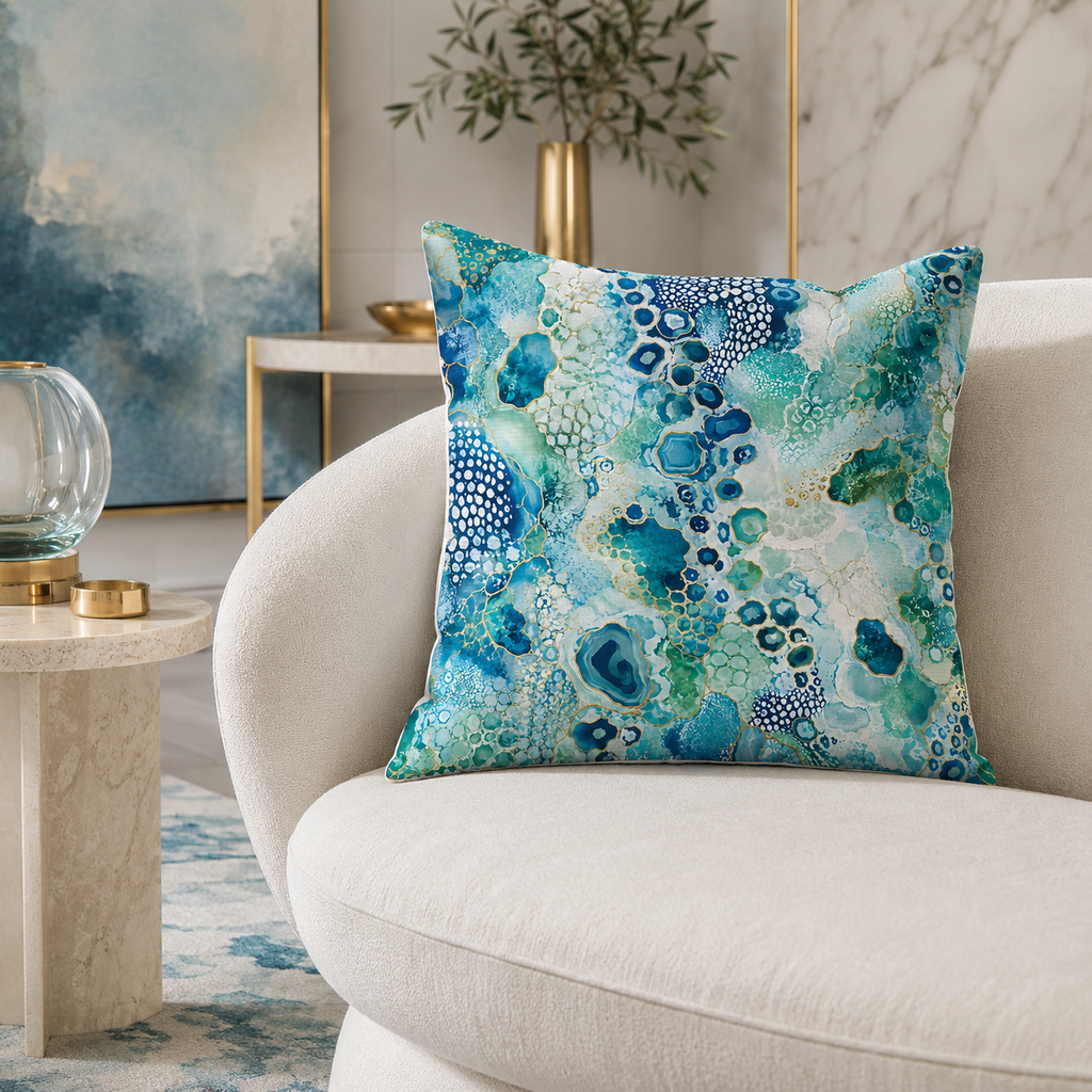 A contemporary fluid ink and agate style accent pillow displayed on a luxury curved cream sofa next to a round marble end table with gold finish accessories, against a matching abstract canvas painting.