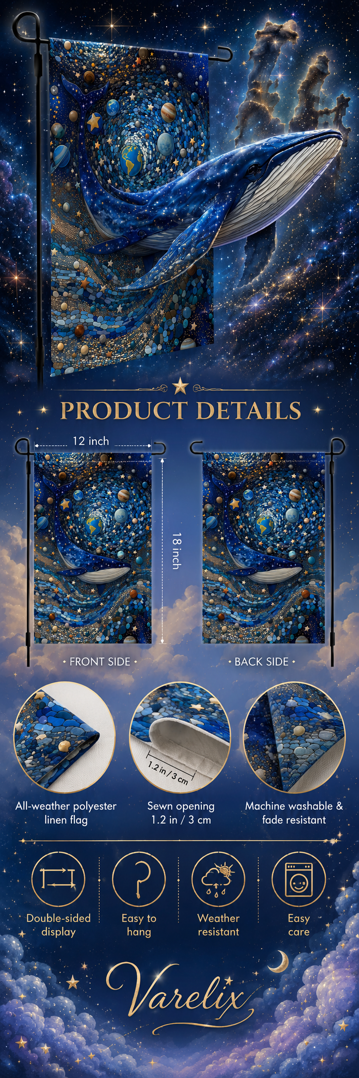 Cosmic whale garden flag product details showing double-sided display, sewn opening, weather resistance, and fabric close-ups.