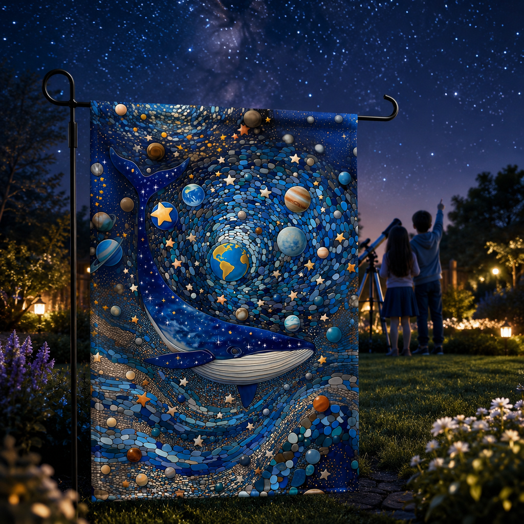 Cosmic whale garden flag displayed in a backyard at night, with children using a telescope under a starry sky.
