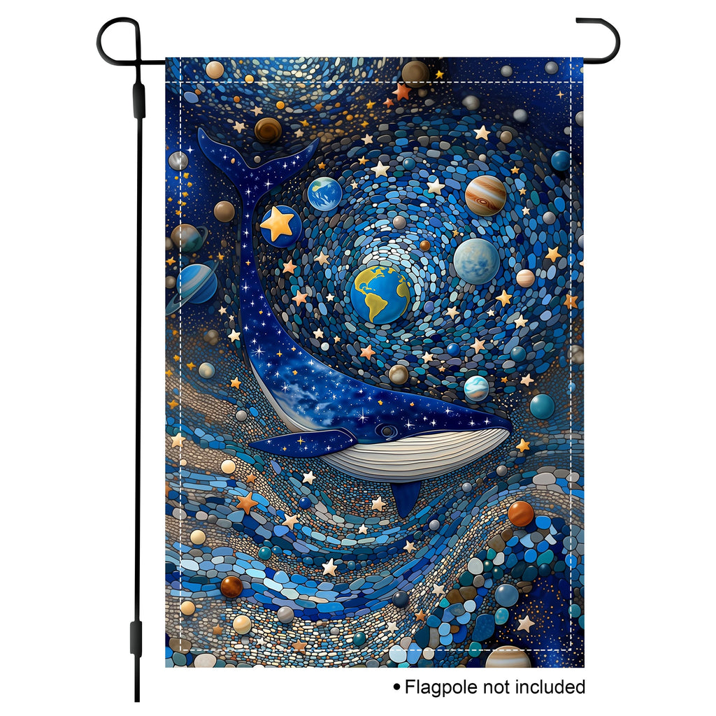 Cosmic whale garden flag with planets, stars, and mosaic-style blue galaxy artwork on a white product background.