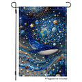 Cosmic whale garden flag with planets, stars, and mosaic-style blue galaxy artwork on a white product background.