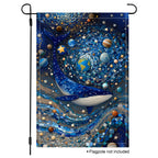 Cosmic whale garden flag with planets, stars, and mosaic-style blue galaxy artwork on a white product background.