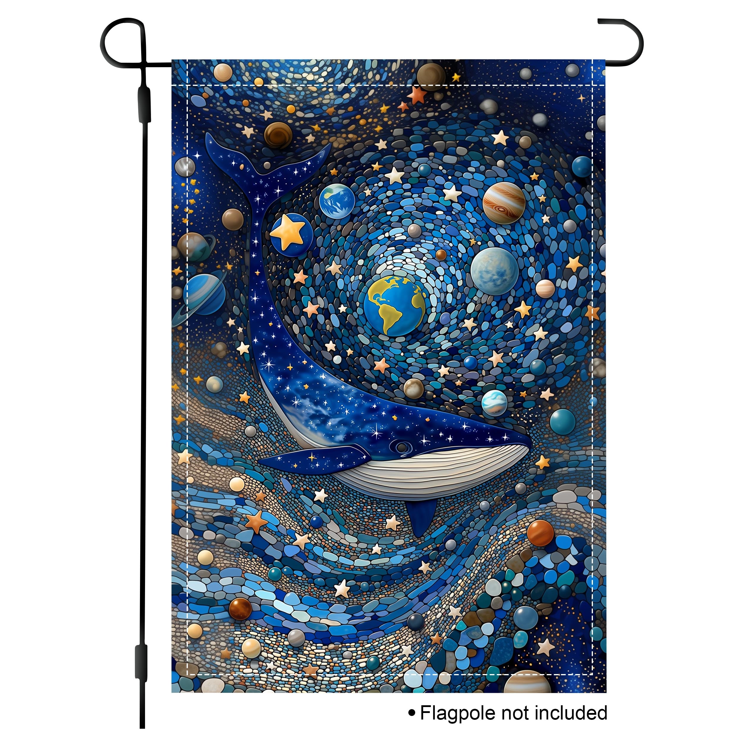 Cosmic whale garden flag with planets, stars, and mosaic-style blue galaxy artwork on a white product background.