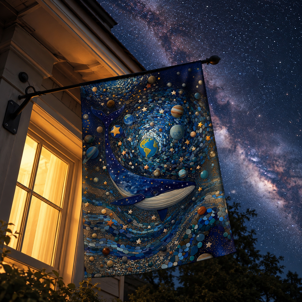 Cosmic whale garden flag hanging beside a warm porch window, with the Milky Way glowing across the night sky.