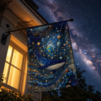 Cosmic whale garden flag hanging beside a warm porch window, with the Milky Way glowing across the night sky.