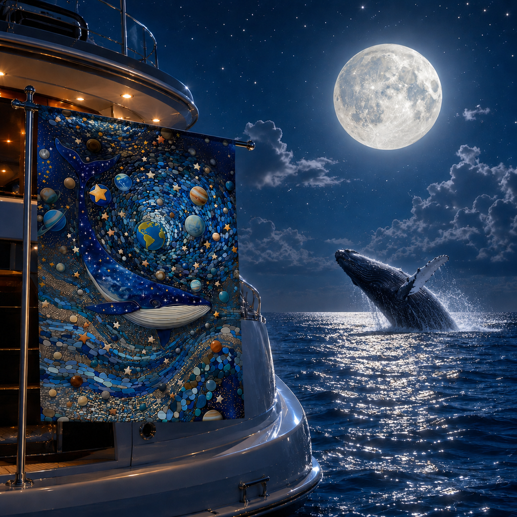Cosmic whale garden flag displayed on a yacht under a bright full moon, with a breaching whale in the ocean.