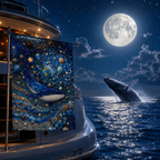 Cosmic whale garden flag displayed on a yacht under a bright full moon, with a breaching whale in the ocean.