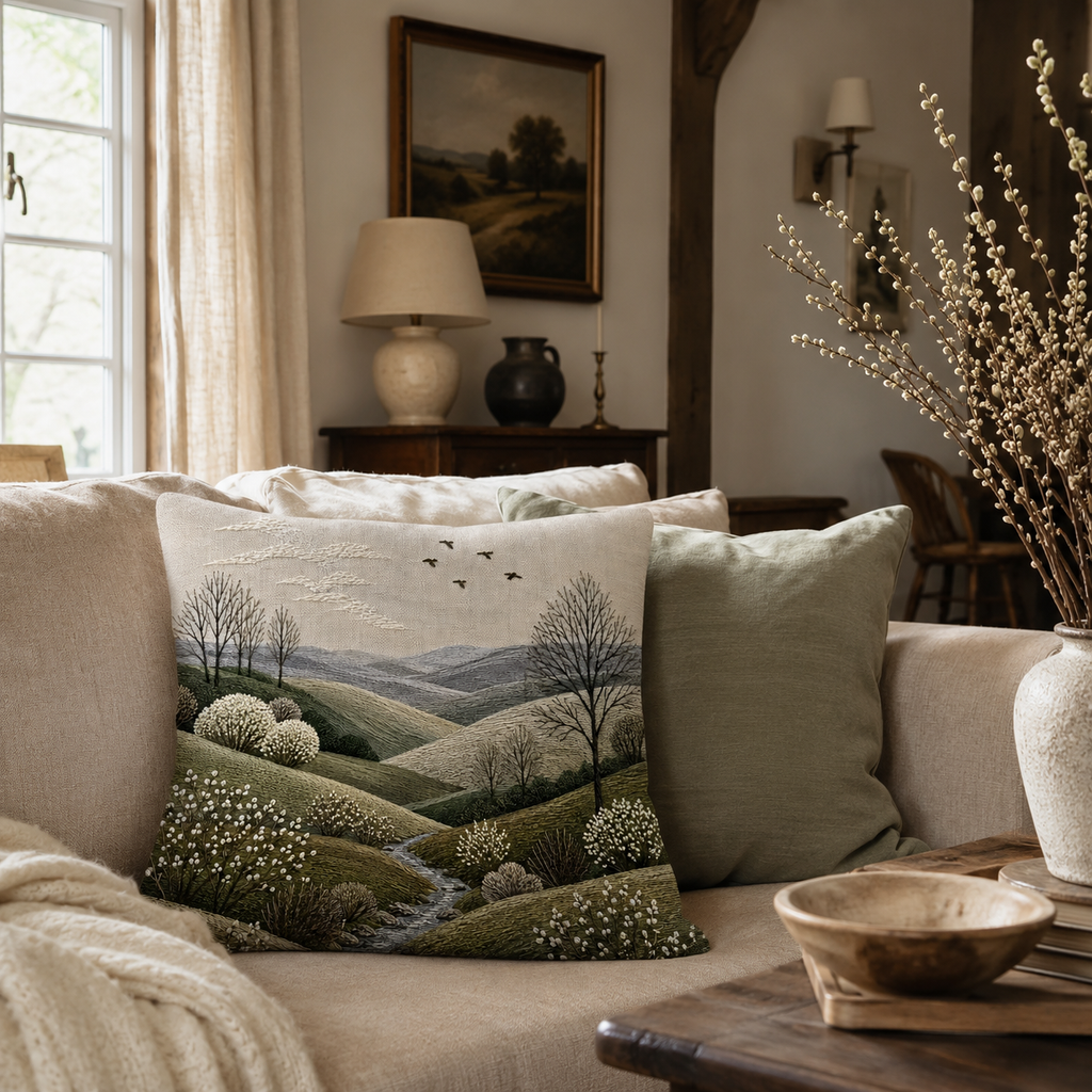A beautiful embroidered landscape throw pillow featuring a textured rolling hills and river scene, styled on a warm beige couch next to a rustic wooden coffee table and a vase with budding branches.
