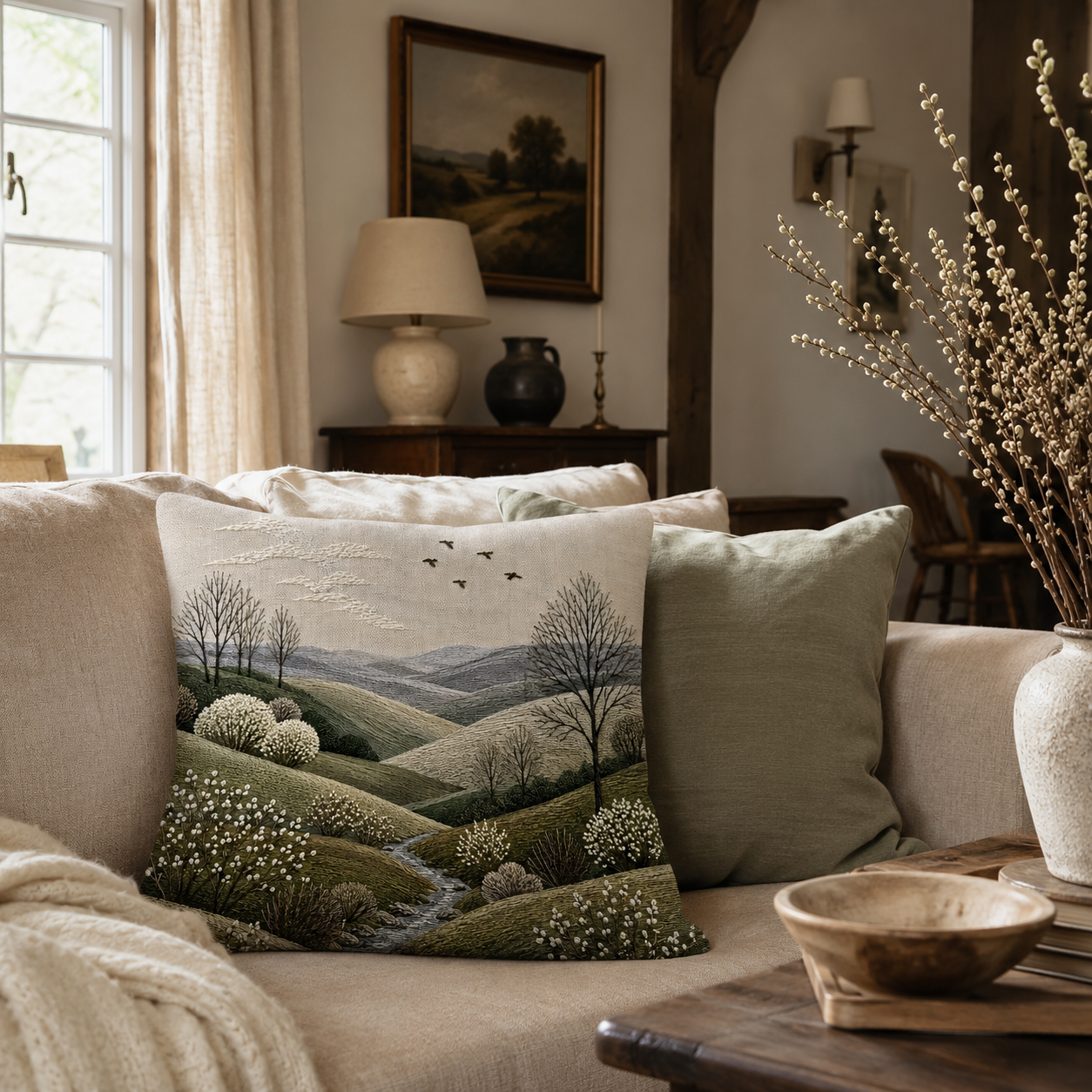A beautiful embroidered landscape throw pillow featuring a textured rolling hills and river scene, styled on a warm beige couch next to a rustic wooden coffee table and a vase with budding branches.