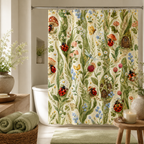 A cozy cottagecore mushroom and ladybug shower curtain in a relaxing spa-inspired bathroom setting, complemented by rolled green towels, a wooden stool with a burning candle, and neutral decor.