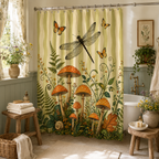 Cottagecore style shower curtain featuring vintage mushroom and dragonfly illustrations in a cozy bathroom with a wooden stool.