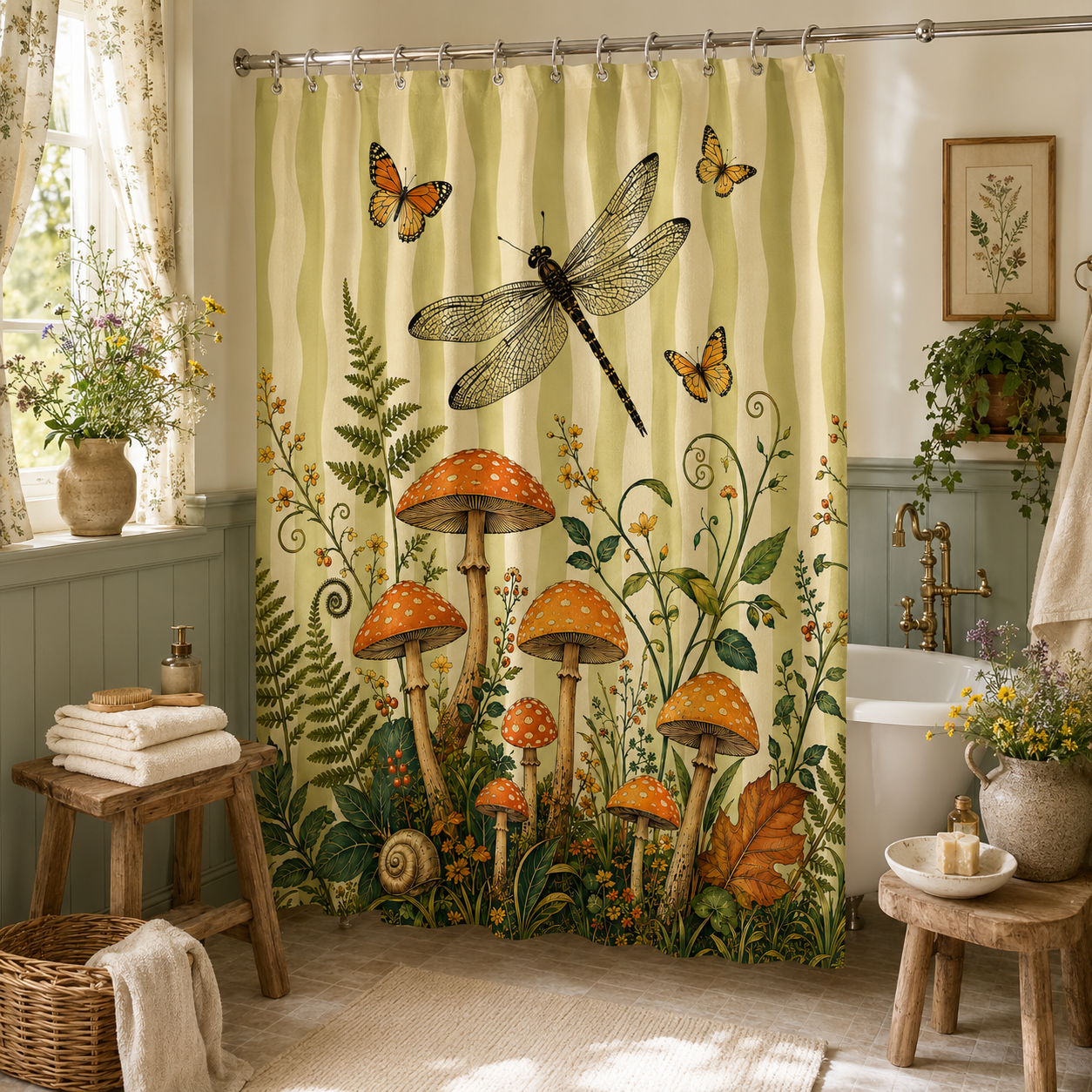 Cottagecore style shower curtain featuring vintage mushroom and dragonfly illustrations in a cozy bathroom with a wooden stool.