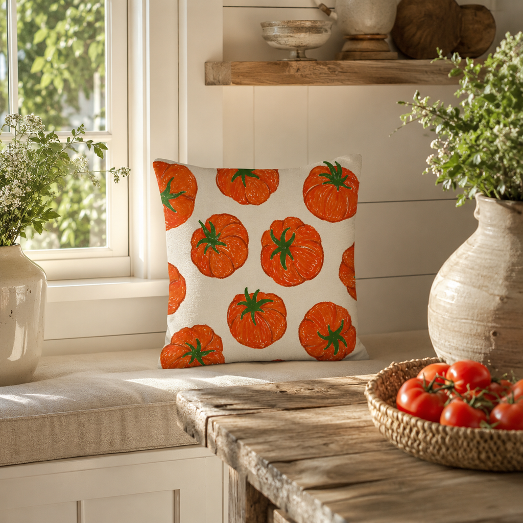 Cottagecore tomato pattern pillow cover displayed on a comfortable beige bench seat by the window.