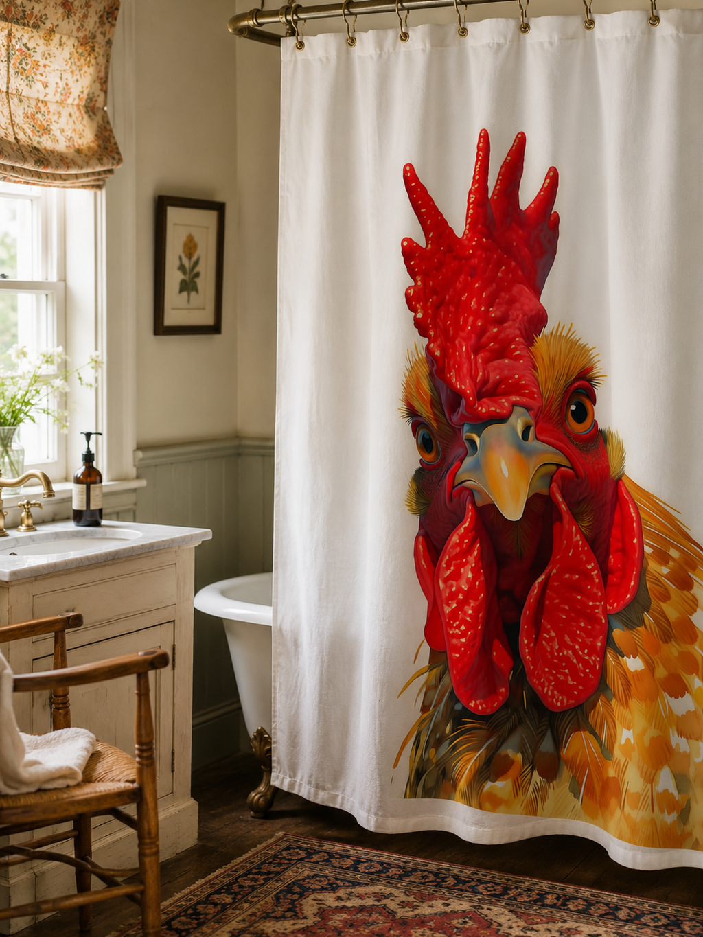 Country style rooster shower curtain displayed in a rustic vintage bathroom next to a wooden chair.