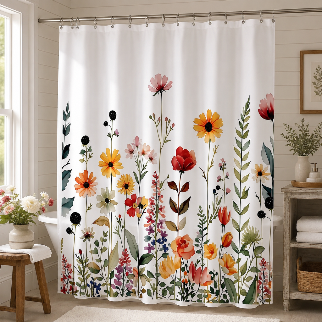 Cottage style wildflower shower curtain hanging by a white clawfoot tub in a rustic farmhouse bathroom.
