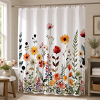 Cottage style wildflower shower curtain hanging by a white clawfoot tub in a rustic farmhouse bathroom.
